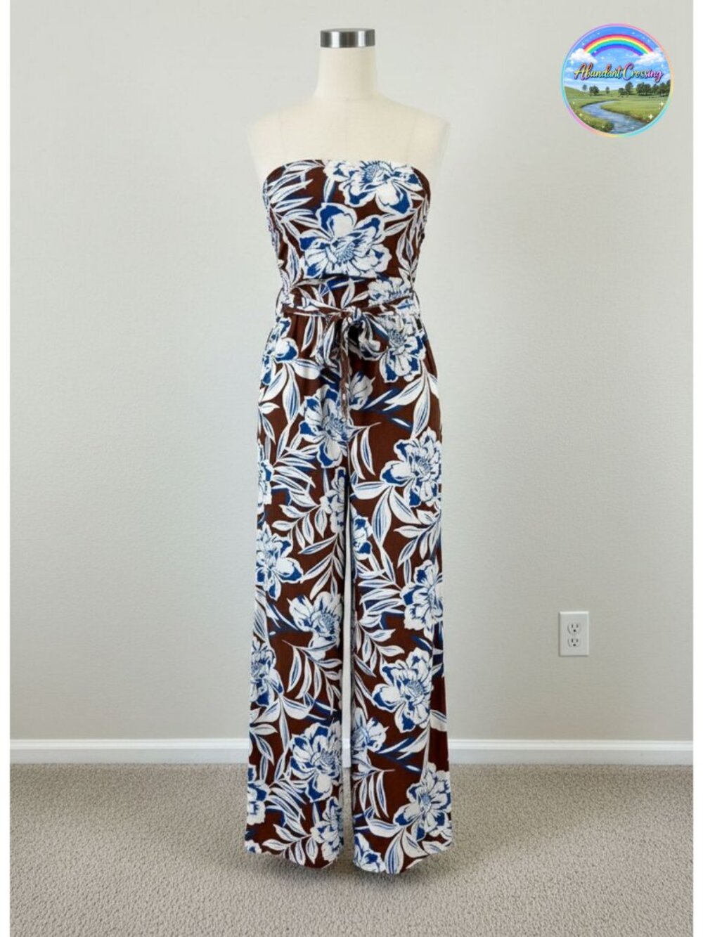 Strapless Floral Wide Leg Jumpsuit Sleeveless Ruched Pockets Vacation